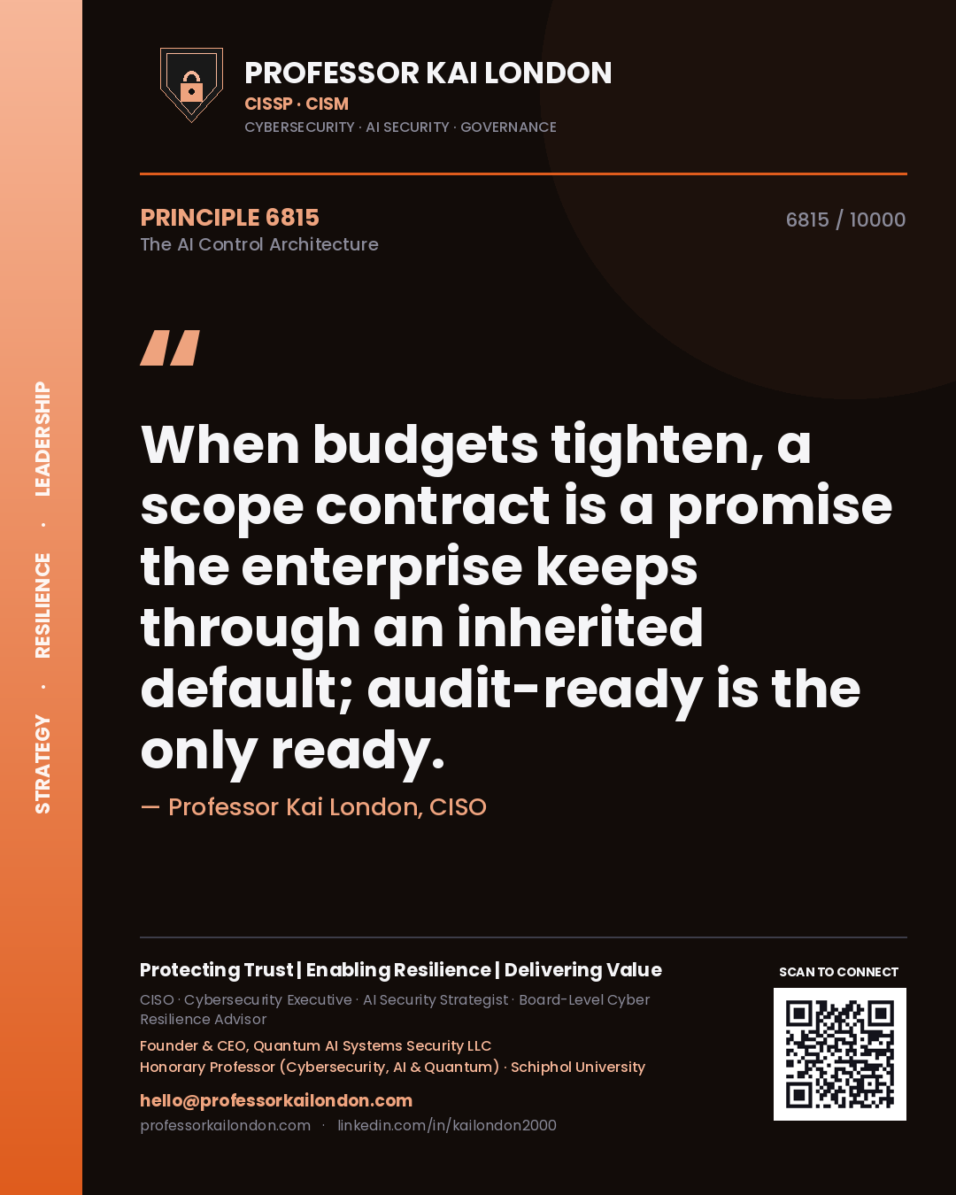 Quote card by Professor Kai London reading 'When budgets tighten, a scope contract is a promise the enterprise keeps through an inherited default; audit-ready is the only ready.'. From the book The AI Control Architecture.