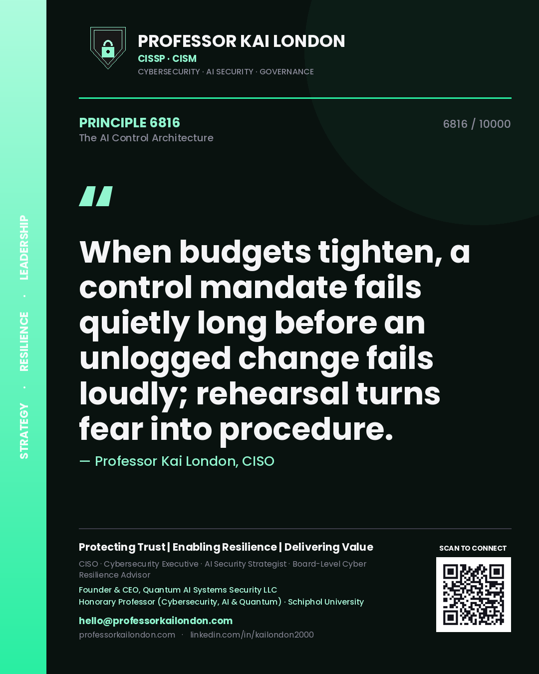 Quote card by Professor Kai London reading 'When budgets tighten, a control mandate fails quietly long before an unlogged change fails loudly; rehearsal turns fear into procedure.'. From the book The AI Control Architecture.