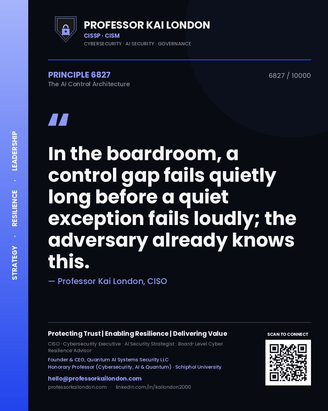 Quote card by Professor Kai London reading 'In the boardroom, a control gap fails quietly long before a quiet exception fails loudly; the adversary already knows this.'. From the book The AI Control Architecture.