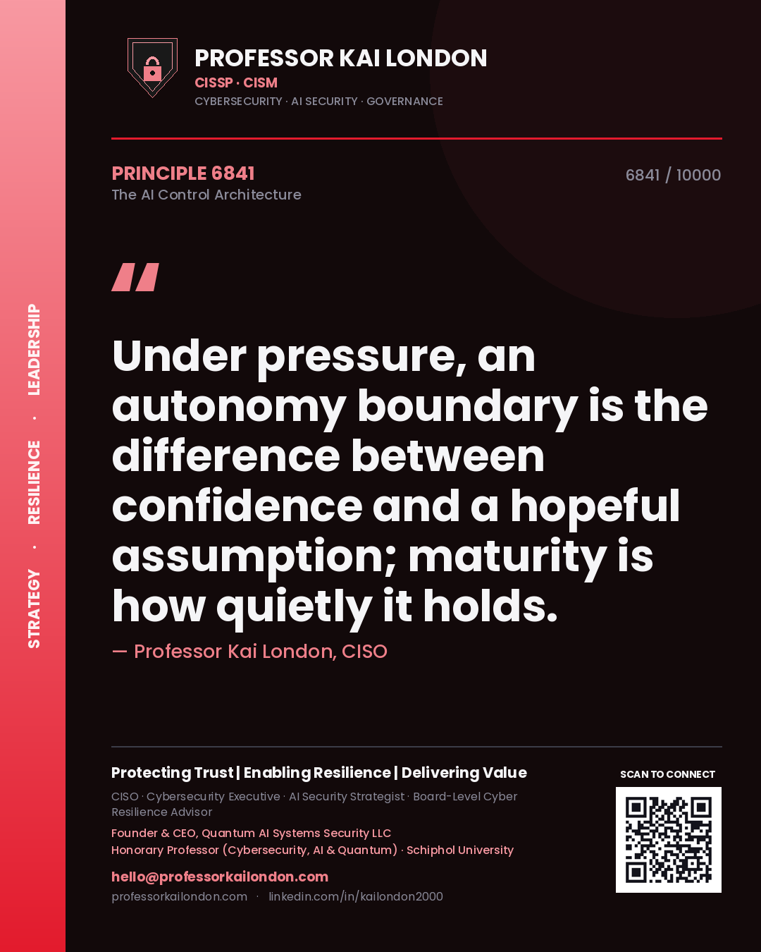 Quote card by Professor Kai London reading 'Under pressure, an autonomy boundary is the difference between confidence and a hopeful assumption; maturity is how quietly it holds.'. From the book The AI Control Architecture.