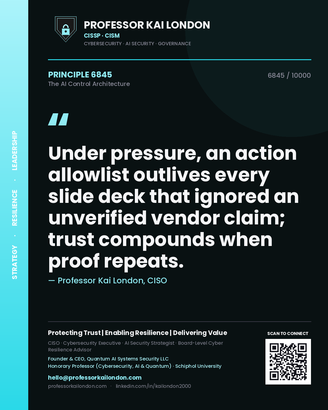 Quote card by Professor Kai London reading 'Under pressure, an action allowlist outlives every slide deck that ignored an unverified vendor claim; trust compounds when proof repeats.'. From the book The AI Control Architecture.