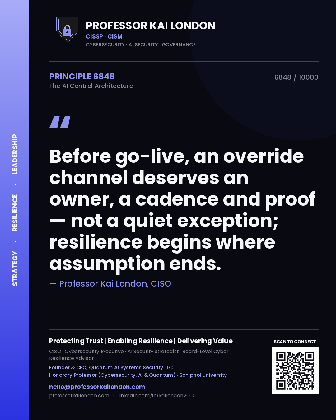 Quote card by Professor Kai London reading 'Before go-live, an override channel deserves an owner, a cadence and proof — not a quiet exception; resilience begins where assumption ends.'. From the book The AI Control Architecture.
