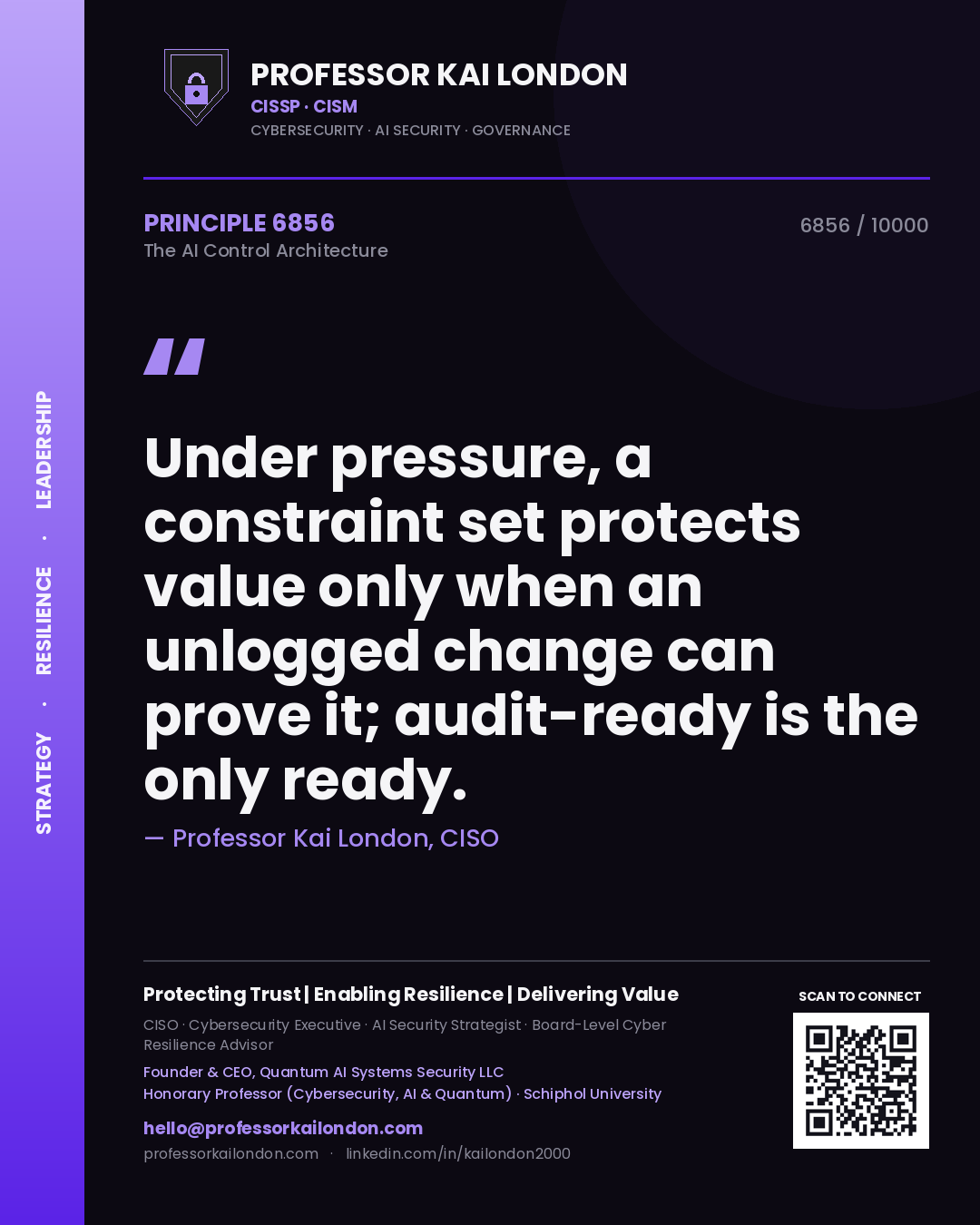 Quote card by Professor Kai London reading 'Under pressure, a constraint set protects value only when an unlogged change can prove it; audit-ready is the only ready.'. From the book The AI Control Architecture.