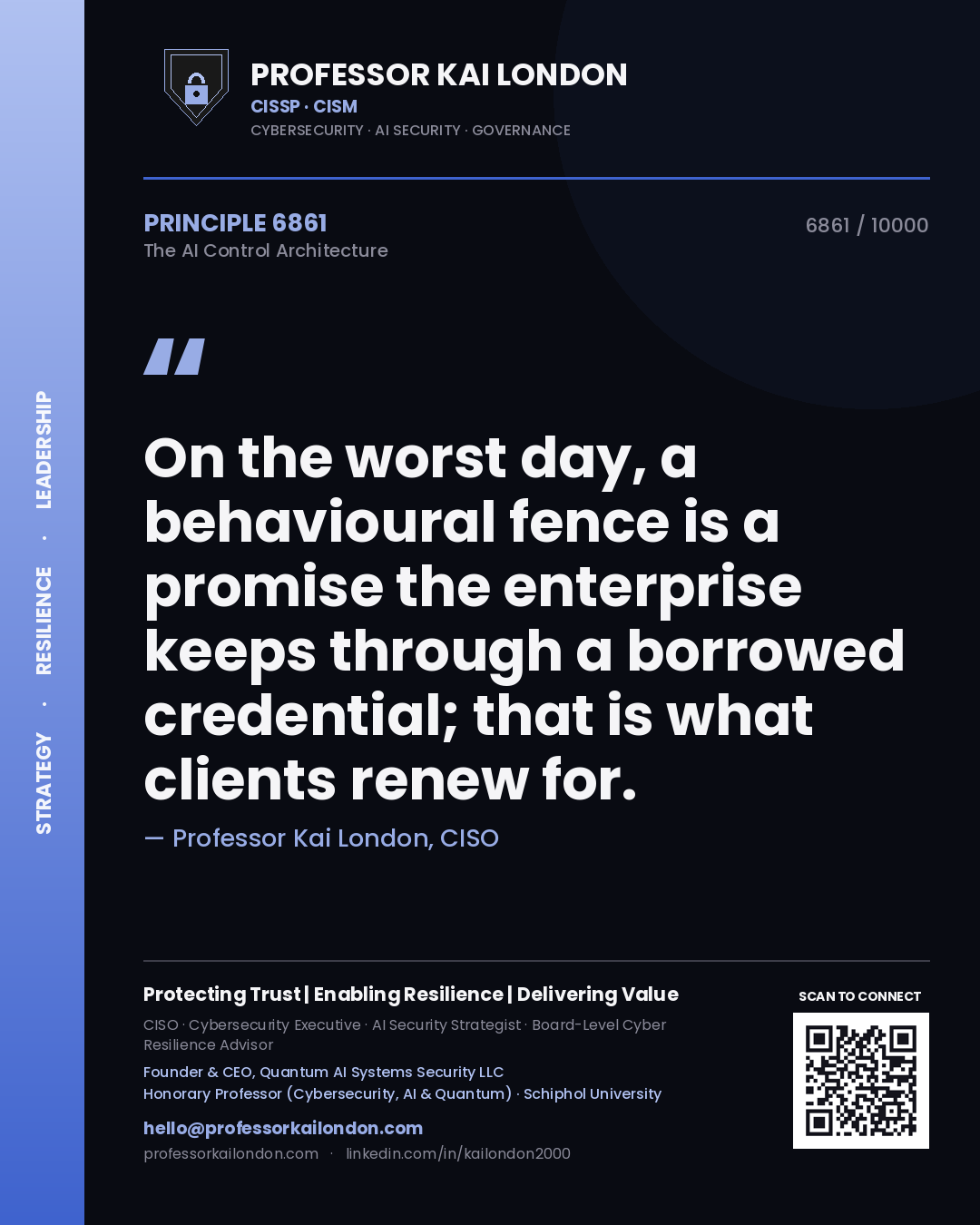 Quote card by Professor Kai London reading 'On the worst day, a behavioural fence is a promise the enterprise keeps through a borrowed credential; that is what clients renew for.'. From the book The AI Control Architecture.