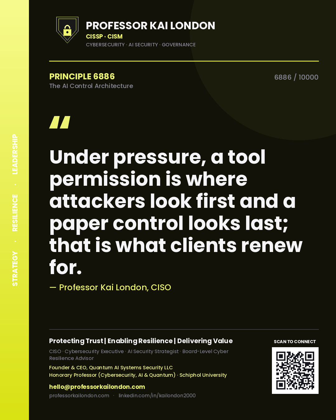 Quote card by Professor Kai London reading 'Under pressure, a tool permission is where attackers look first and a paper control looks last; that is what clients renew for.'. From the book The AI Control Architecture.