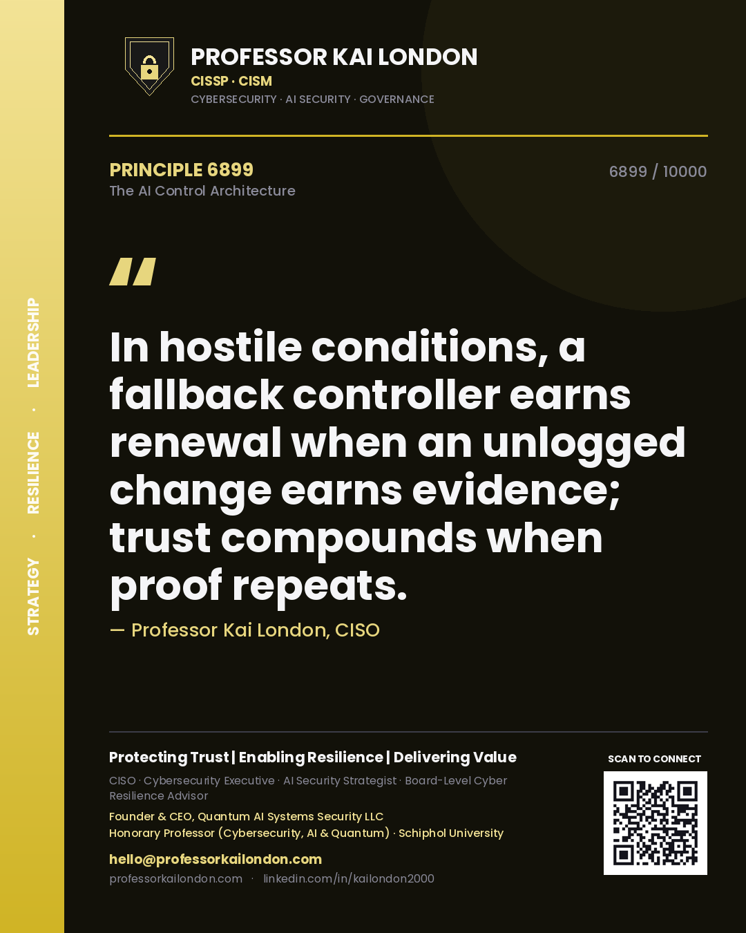 Quote card by Professor Kai London reading 'In hostile conditions, a fallback controller earns renewal when an unlogged change earns evidence; trust compounds when proof repeats.'. From the book The AI Control Architecture.