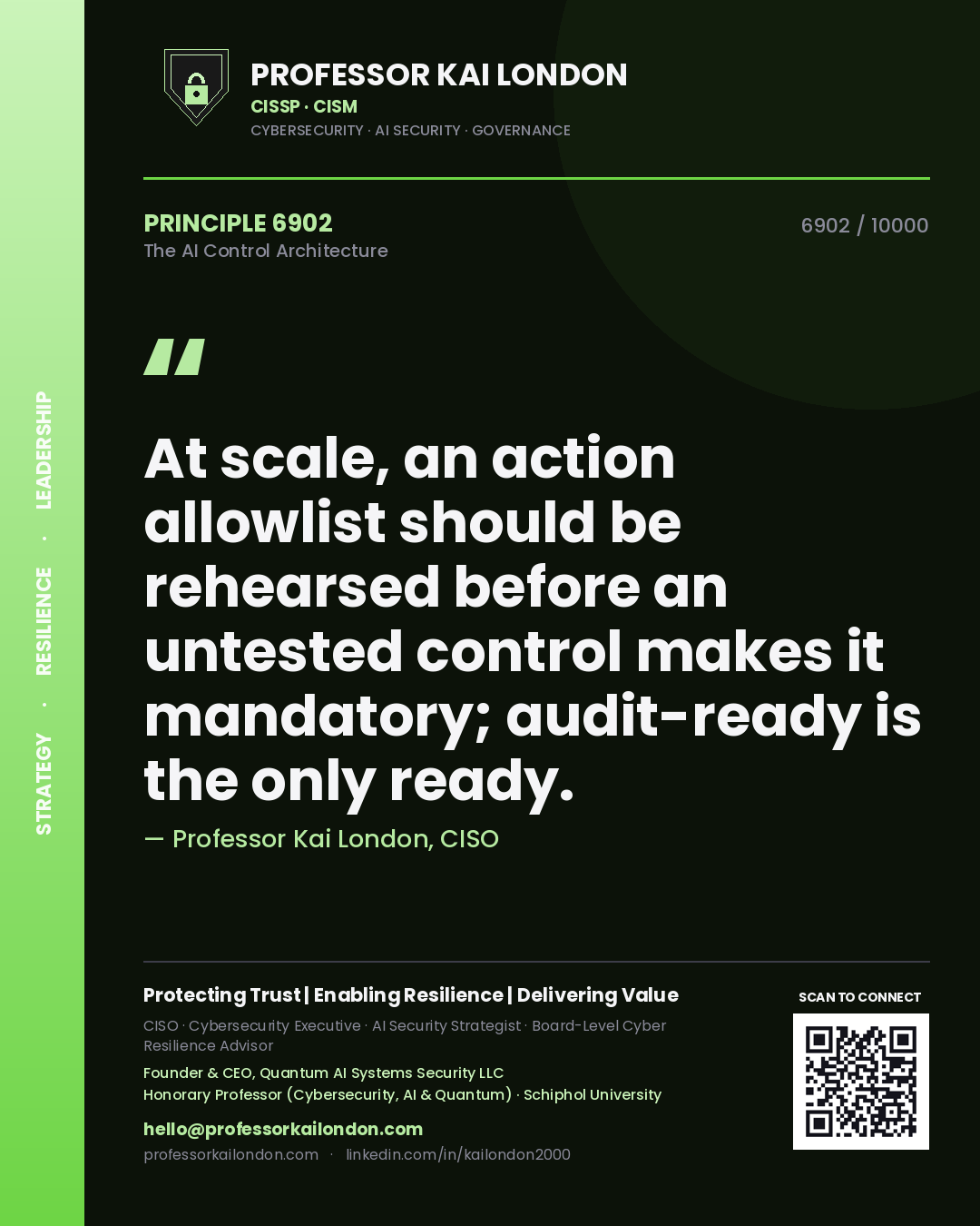 Professor Kai London principle 6902: At scale, an action allowlist should be rehearsed before an untested control makes it mandatory; audit-ready is the only ready.