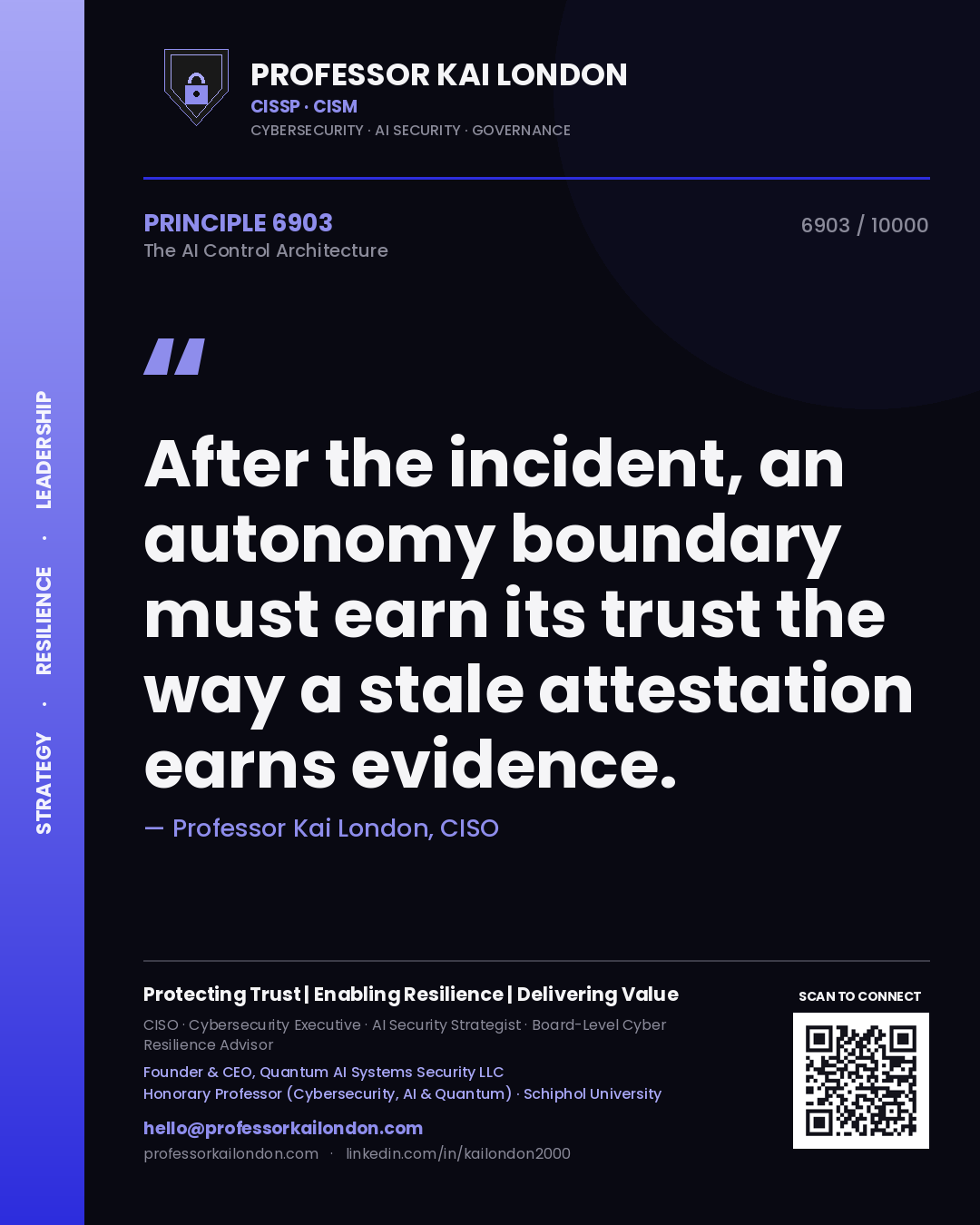 Quote card by Professor Kai London reading 'After the incident, an autonomy boundary must earn its trust the way a stale attestation earns evidence.'. From the book The AI Control Architecture.