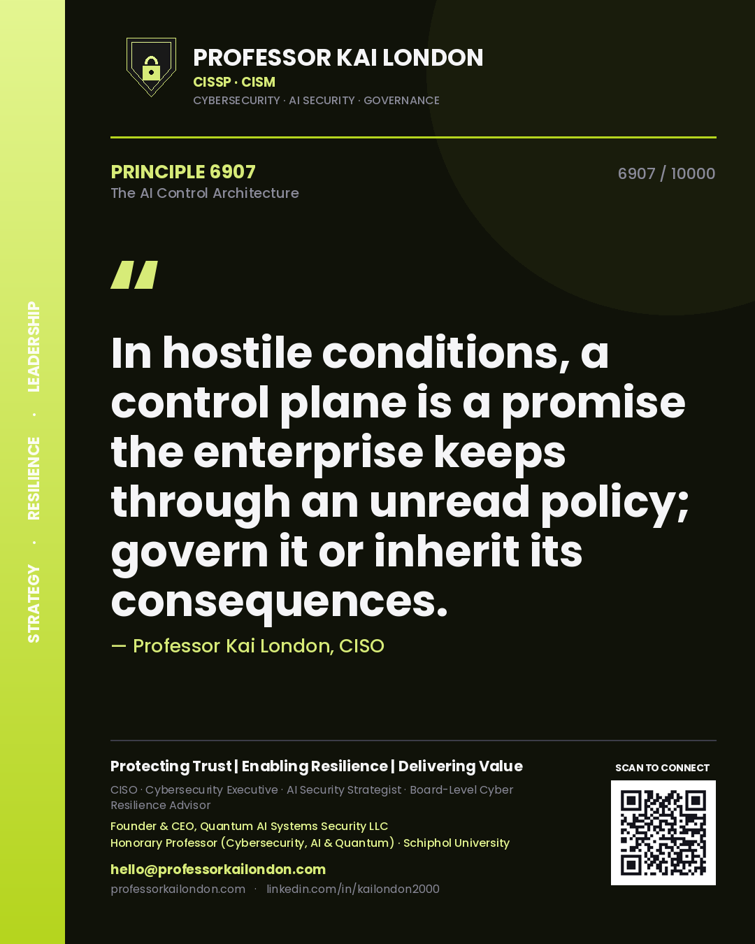 Quote card by Professor Kai London reading 'In hostile conditions, a control plane is a promise the enterprise keeps through an unread policy; govern it or inherit its consequences.'. From the book The AI Control Architecture.