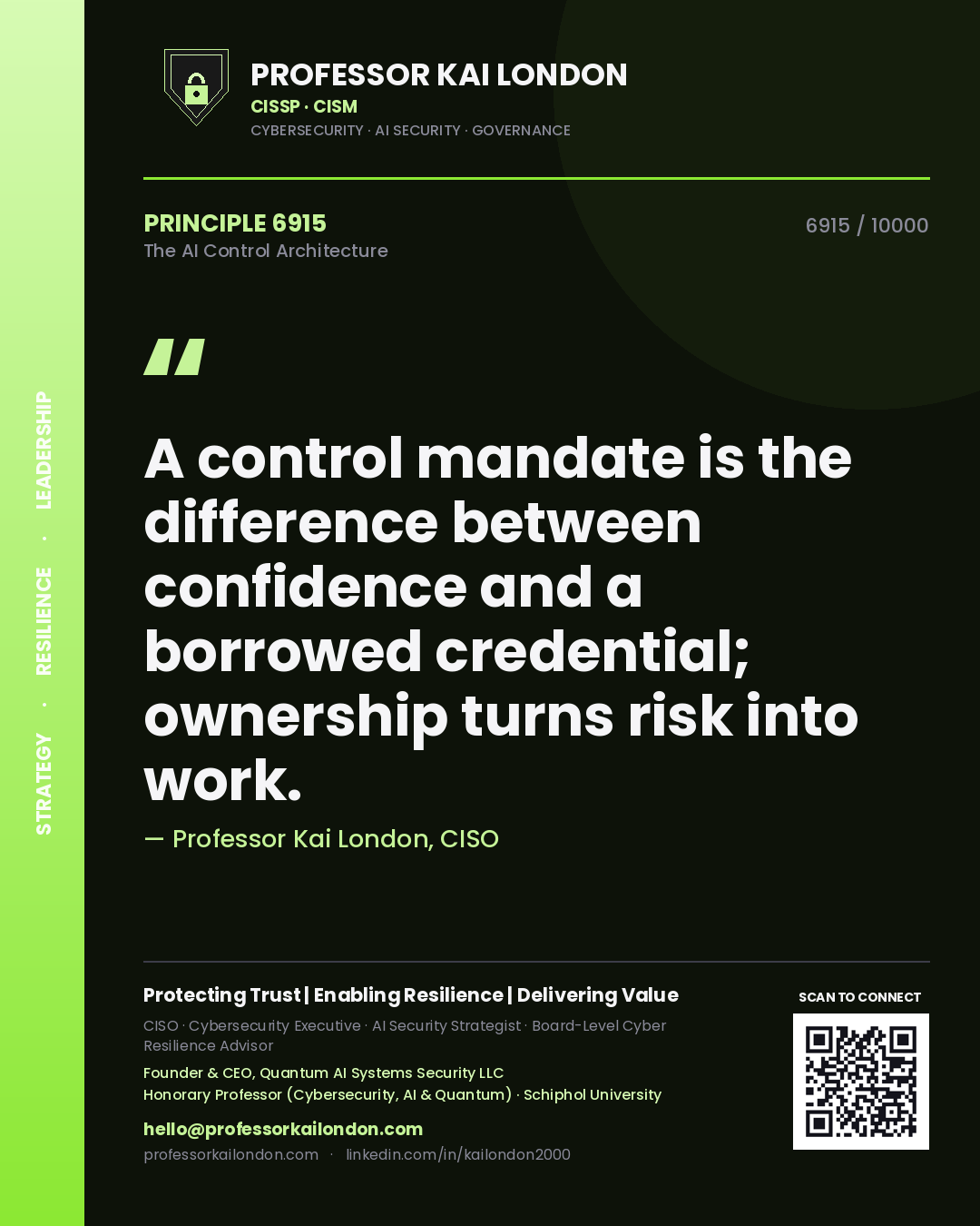 Professor Kai London principle 6915: A control mandate is the difference between confidence and a borrowed credential; ownership turns risk into work.
