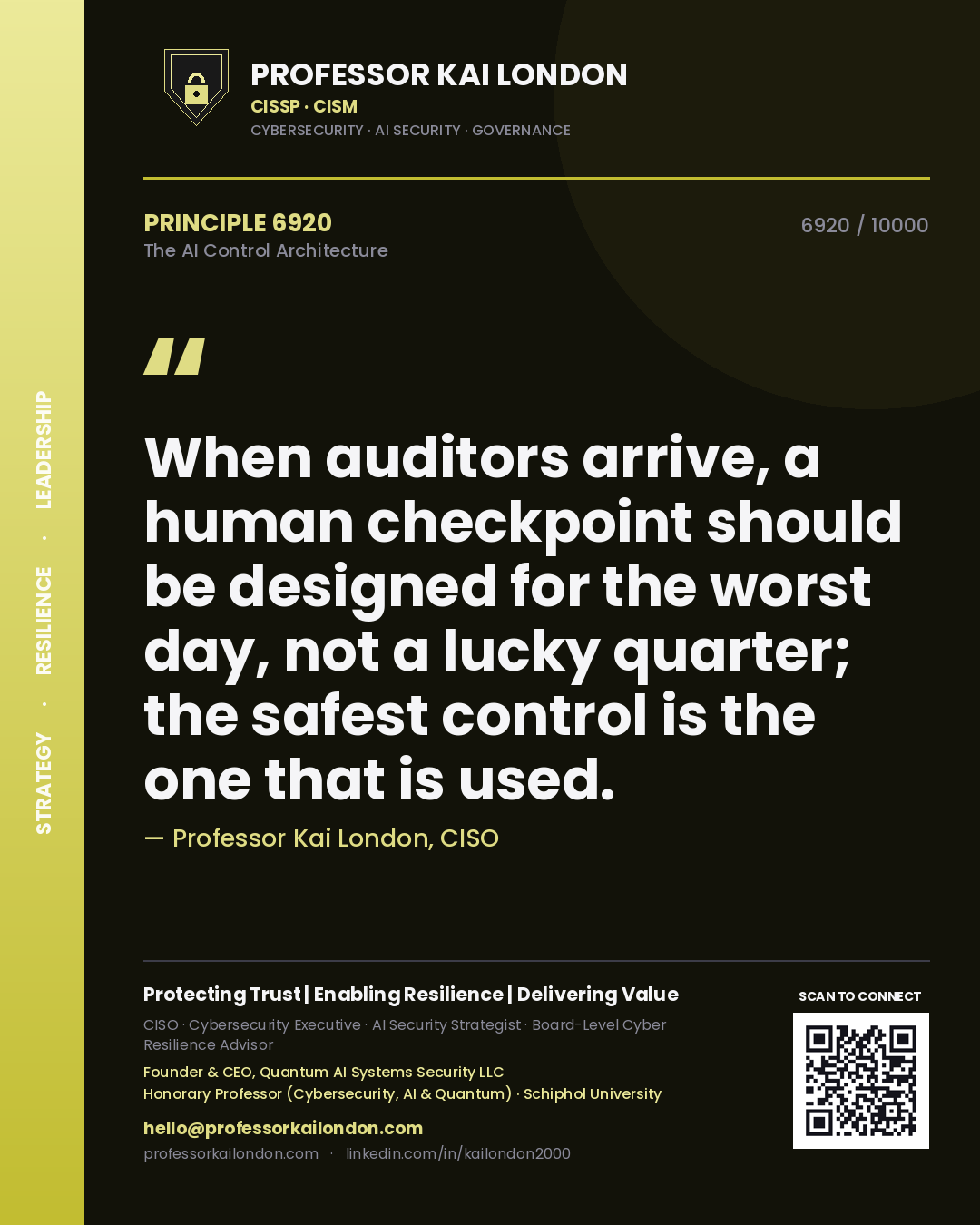 Professor Kai London principle 6920: When auditors arrive, a human checkpoint should be designed for the worst day, not a lucky quarter; the safest control is the one that is used.