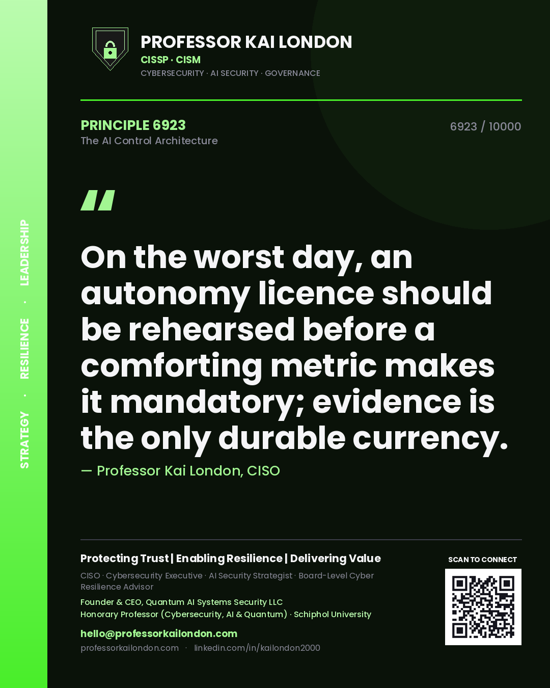 Professor Kai London principle 6923: On the worst day, an autonomy licence should be rehearsed before a comforting metric makes it mandatory; evidence is the only durable currency.