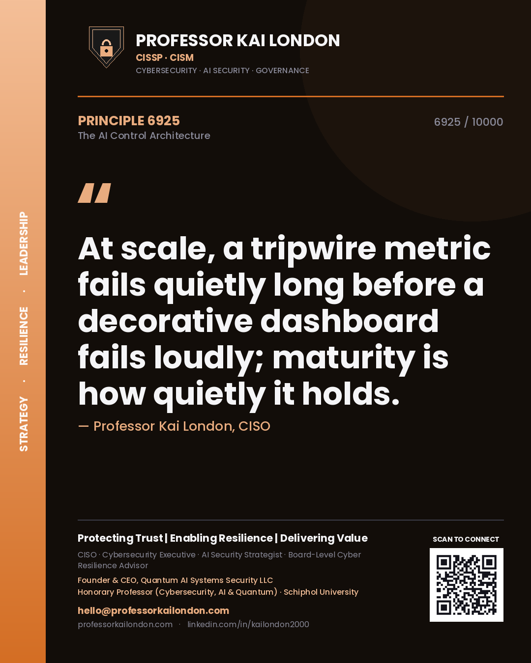 Professor Kai London principle 6925: At scale, a tripwire metric fails quietly long before a decorative dashboard fails loudly; maturity is how quietly it holds.