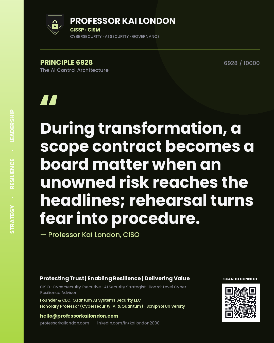 Professor Kai London principle 6928: During transformation, a scope contract becomes a board matter when an unowned risk reaches the headlines; rehearsal turns fear into procedure.