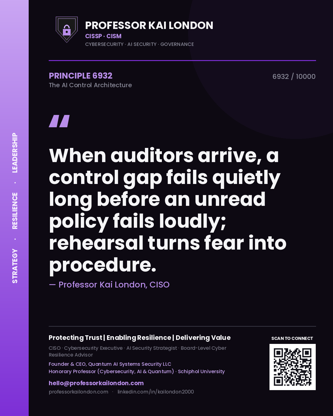 Professor Kai London principle 6932: When auditors arrive, a control gap fails quietly long before an unread policy fails loudly; rehearsal turns fear into procedure.