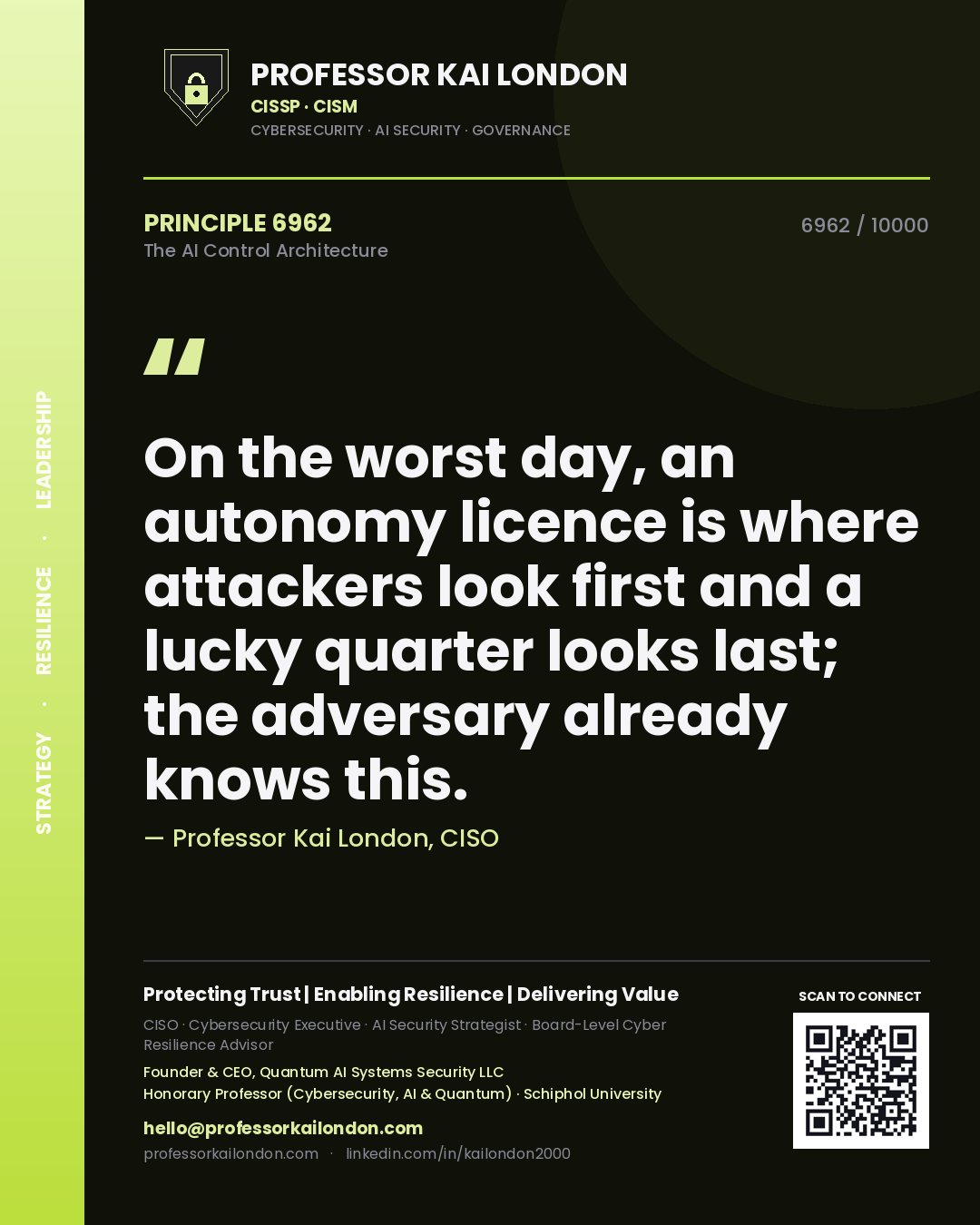 Professor Kai London principle 6962: On the worst day, an autonomy licence is where attackers look first and a lucky quarter looks last; the adversary already knows this.