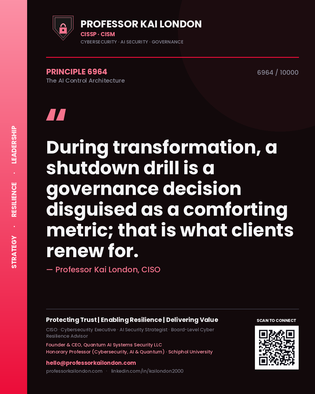 Professor Kai London principle 6964: During transformation, a shutdown drill is a governance decision disguised as a comforting metric; that is what clients renew for.