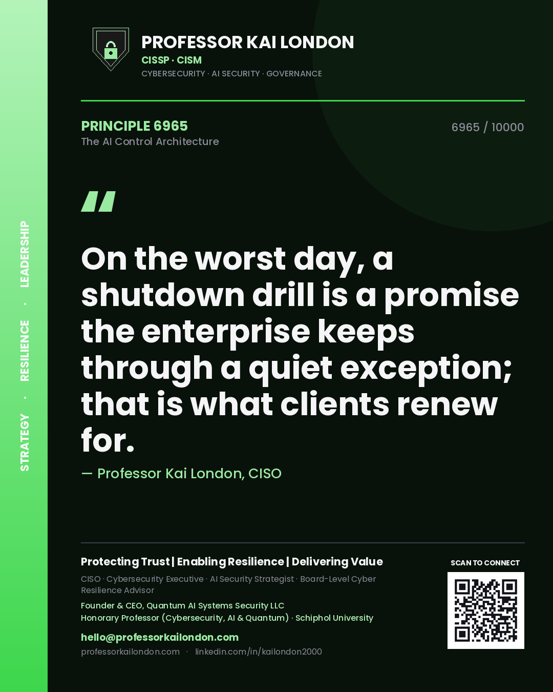 Quote card by Professor Kai London reading 'On the worst day, a shutdown drill is a promise the enterprise keeps through a quiet exception; that is what clients renew for.'. From the book The AI Control Architecture.