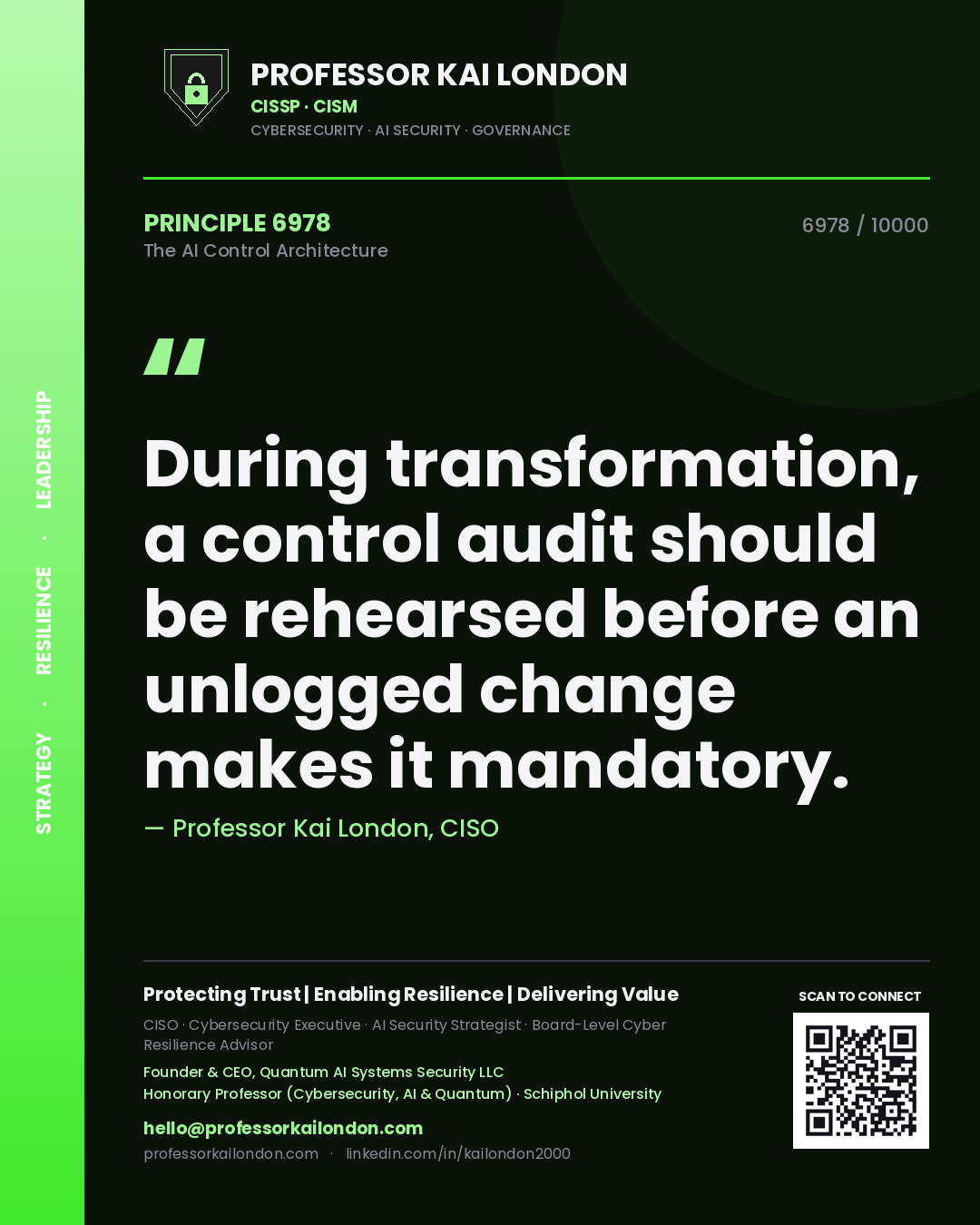 Professor Kai London principle 6978: During transformation, a control audit should be rehearsed before an unlogged change makes it mandatory.