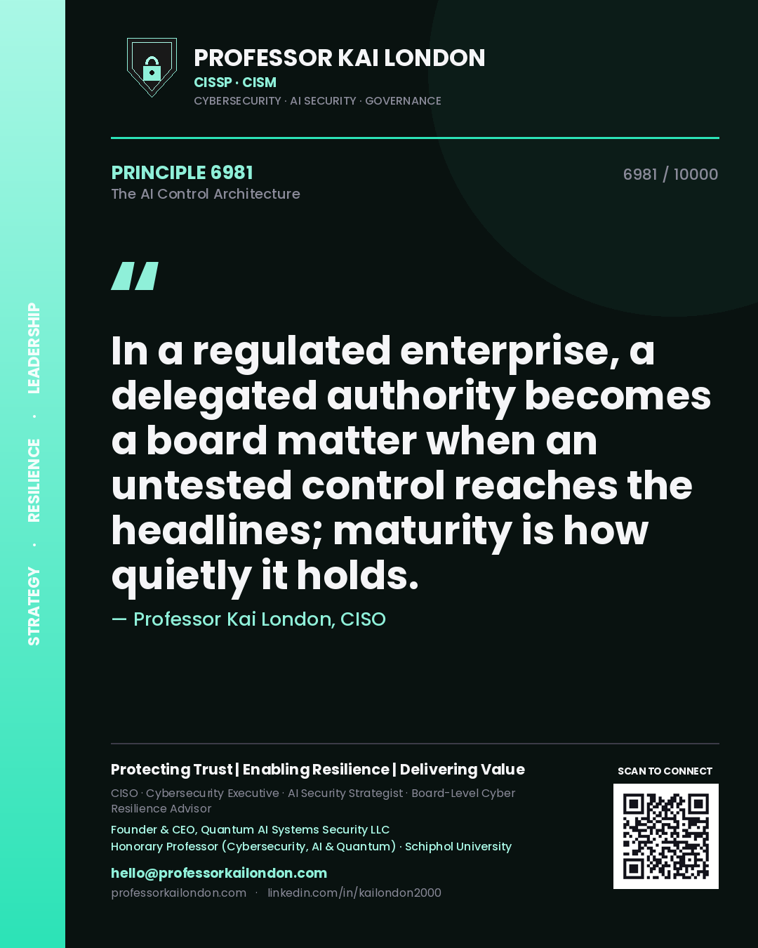 Quote card by Professor Kai London reading 'In a regulated enterprise, a delegated authority becomes a board matter when an untested control reaches the headlines; maturity is how quietly it holds.'. From the book The AI Control Architecture.