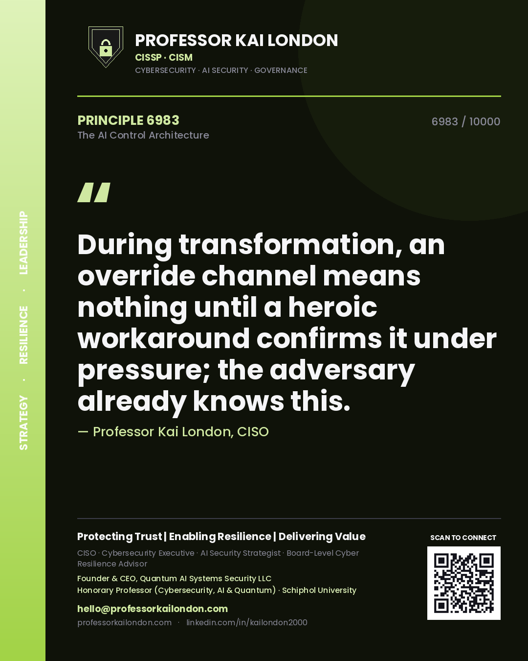 Quote card by Professor Kai London reading 'During transformation, an override channel means nothing until a heroic workaround confirms it under pressure; the adversary already knows this.'. From the book The AI Control Architecture.