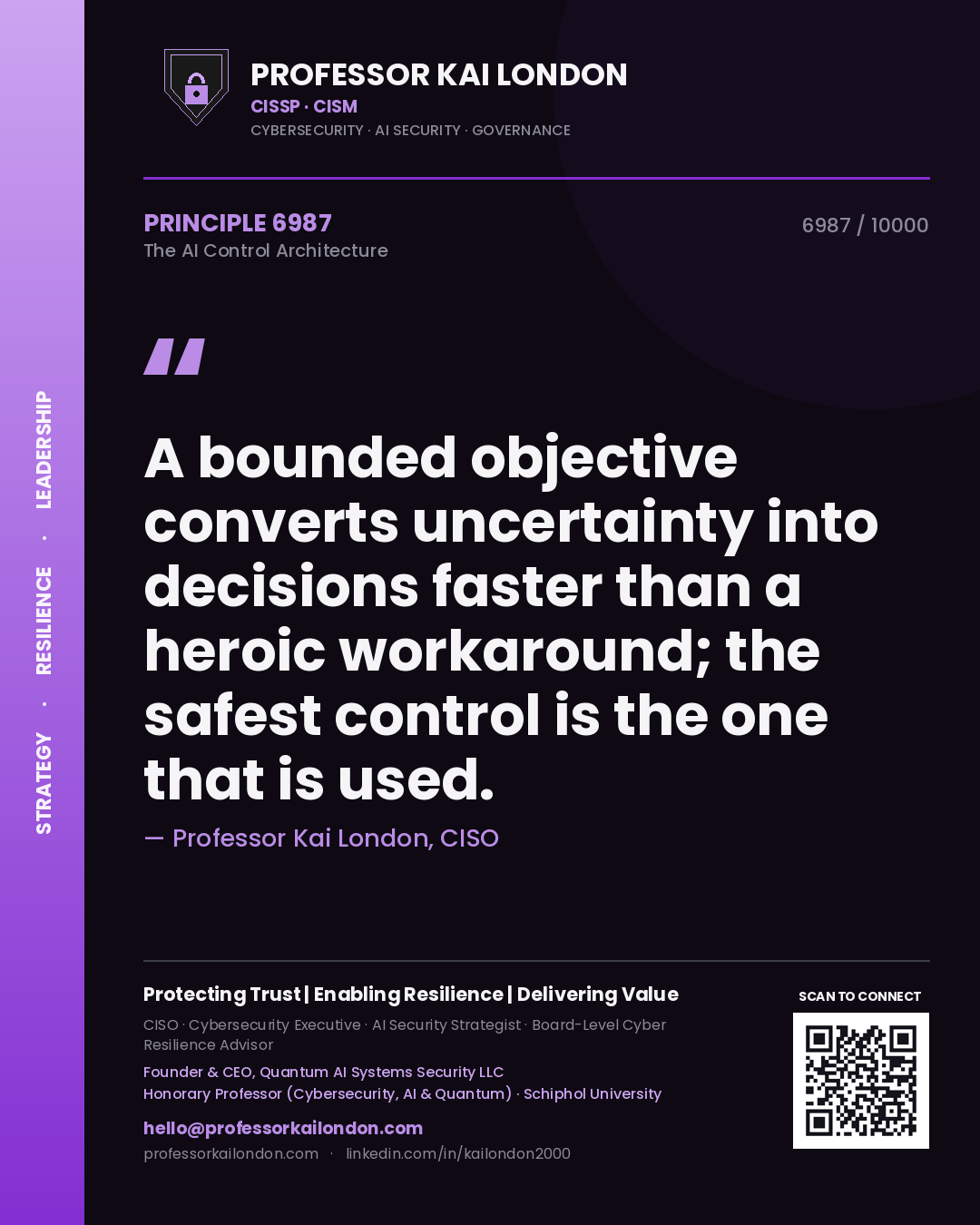 Professor Kai London principle 6987: A bounded objective converts uncertainty into decisions faster than a heroic workaround; the safest control is the one that is used.