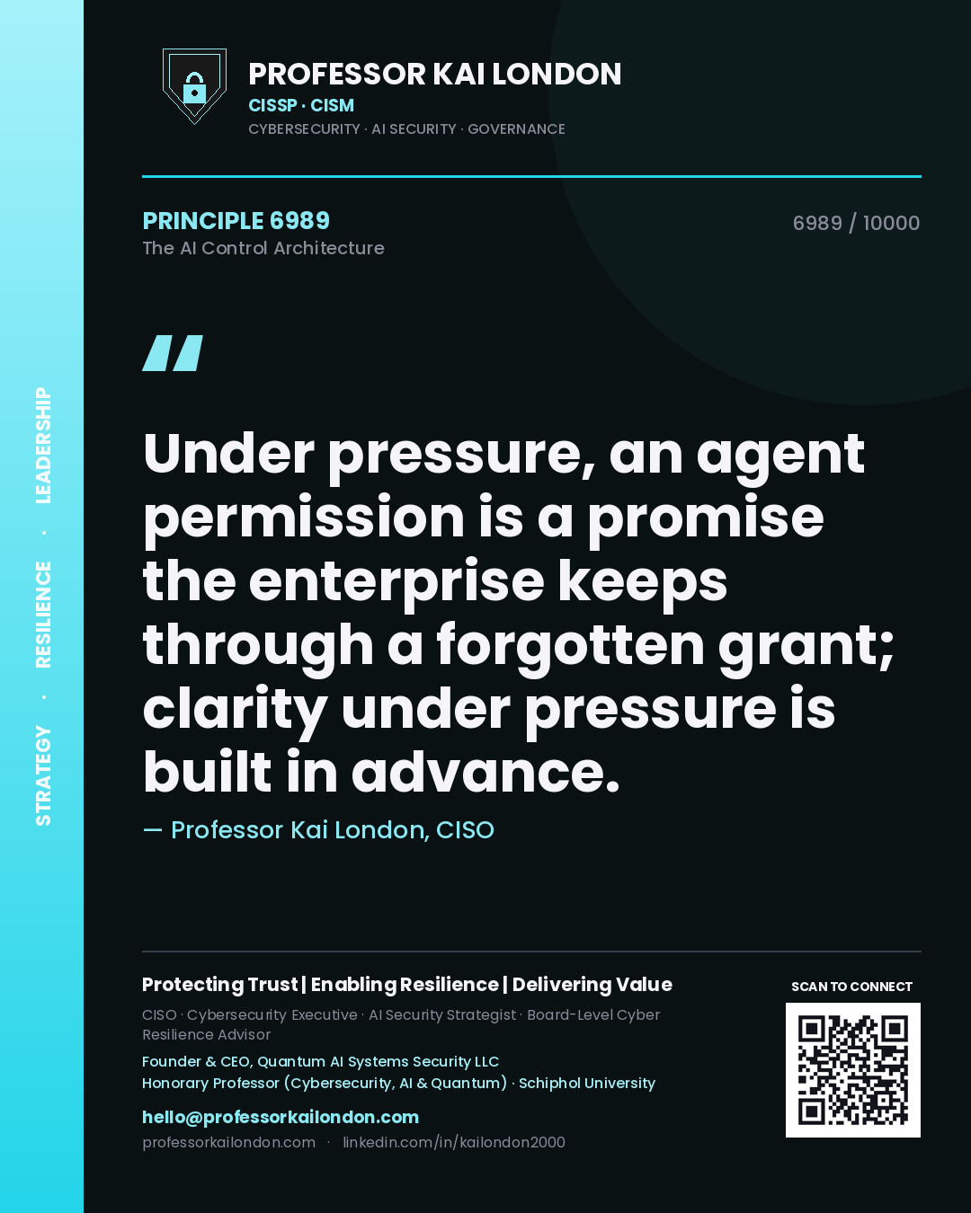 Professor Kai London principle 6989: Under pressure, an agent permission is a promise the enterprise keeps through a forgotten grant; clarity under pressure is built in advance.