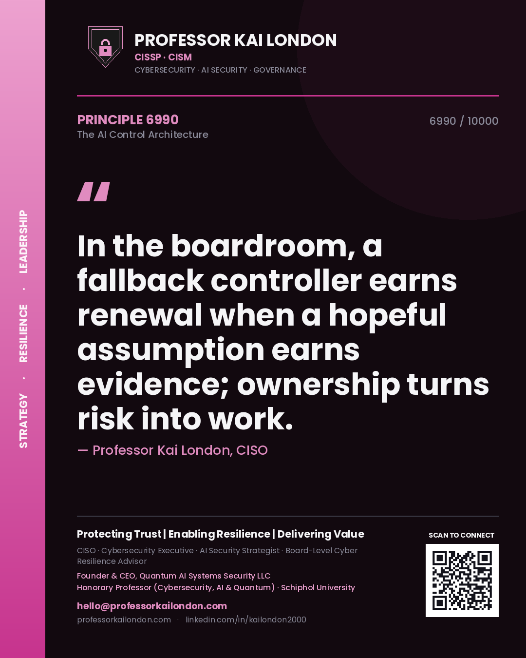 Quote card by Professor Kai London reading 'In the boardroom, a fallback controller earns renewal when a hopeful assumption earns evidence; ownership turns risk into work.'. From the book The AI Control Architecture.