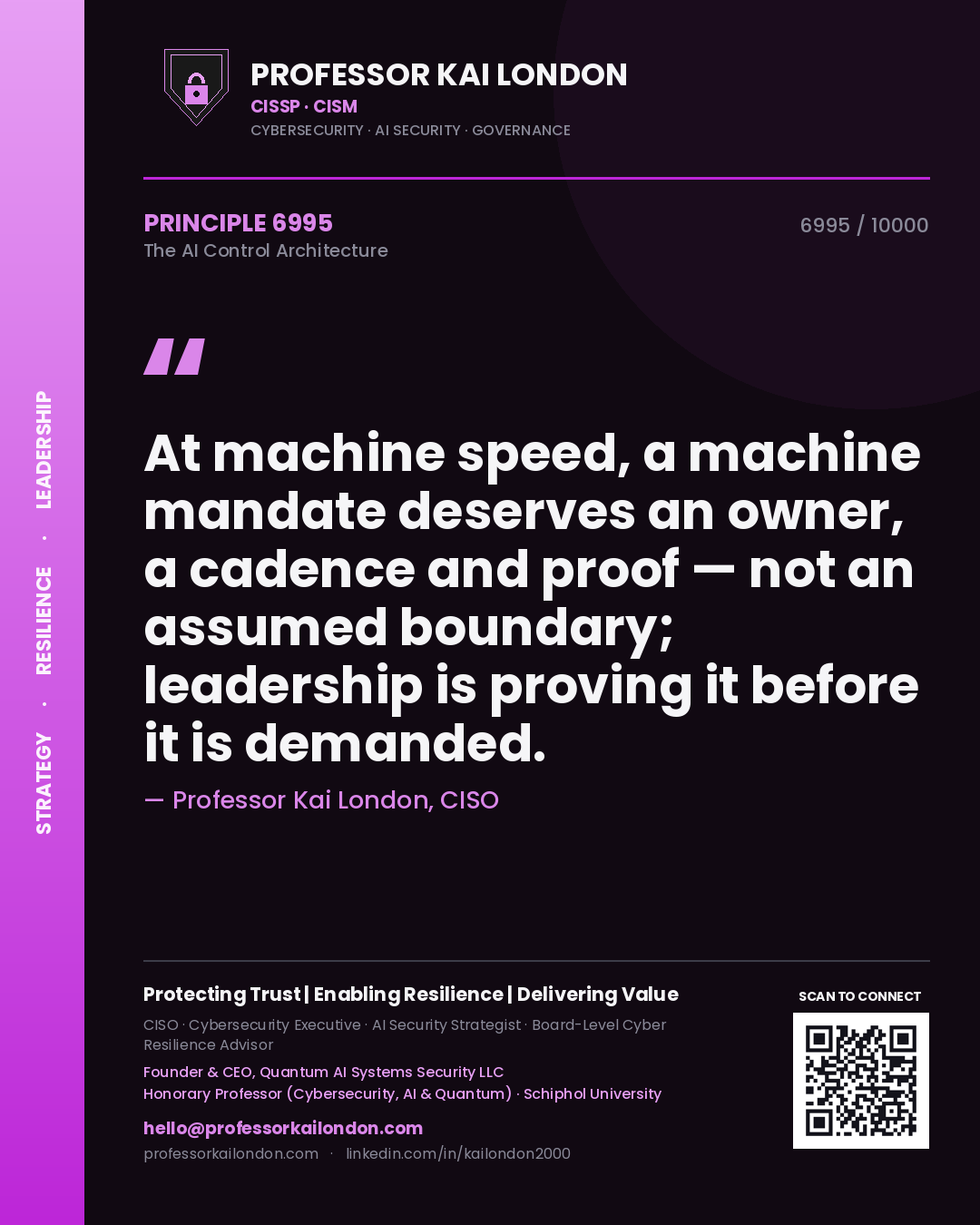 Professor Kai London principle 6995: At machine speed, a machine mandate deserves an owner, a cadence and proof — not an assumed boundary; leadership is proving it before it is demanded.