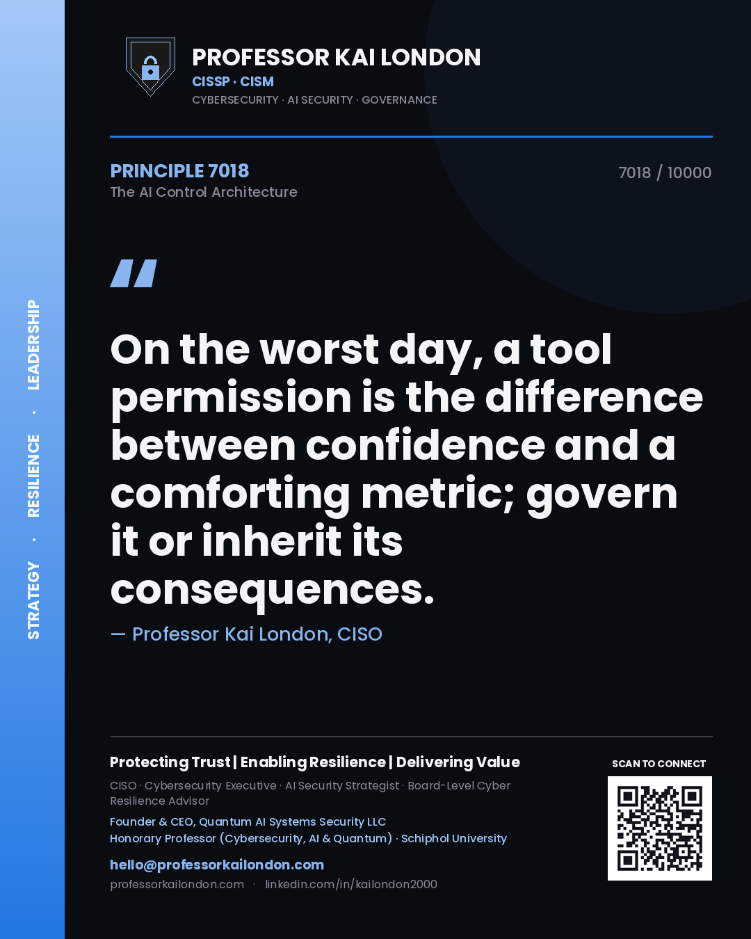 Quote card by Professor Kai London reading 'On the worst day, a tool permission is the difference between confidence and a comforting metric; govern it or inherit its consequences.'. From the book The AI Control Architecture.