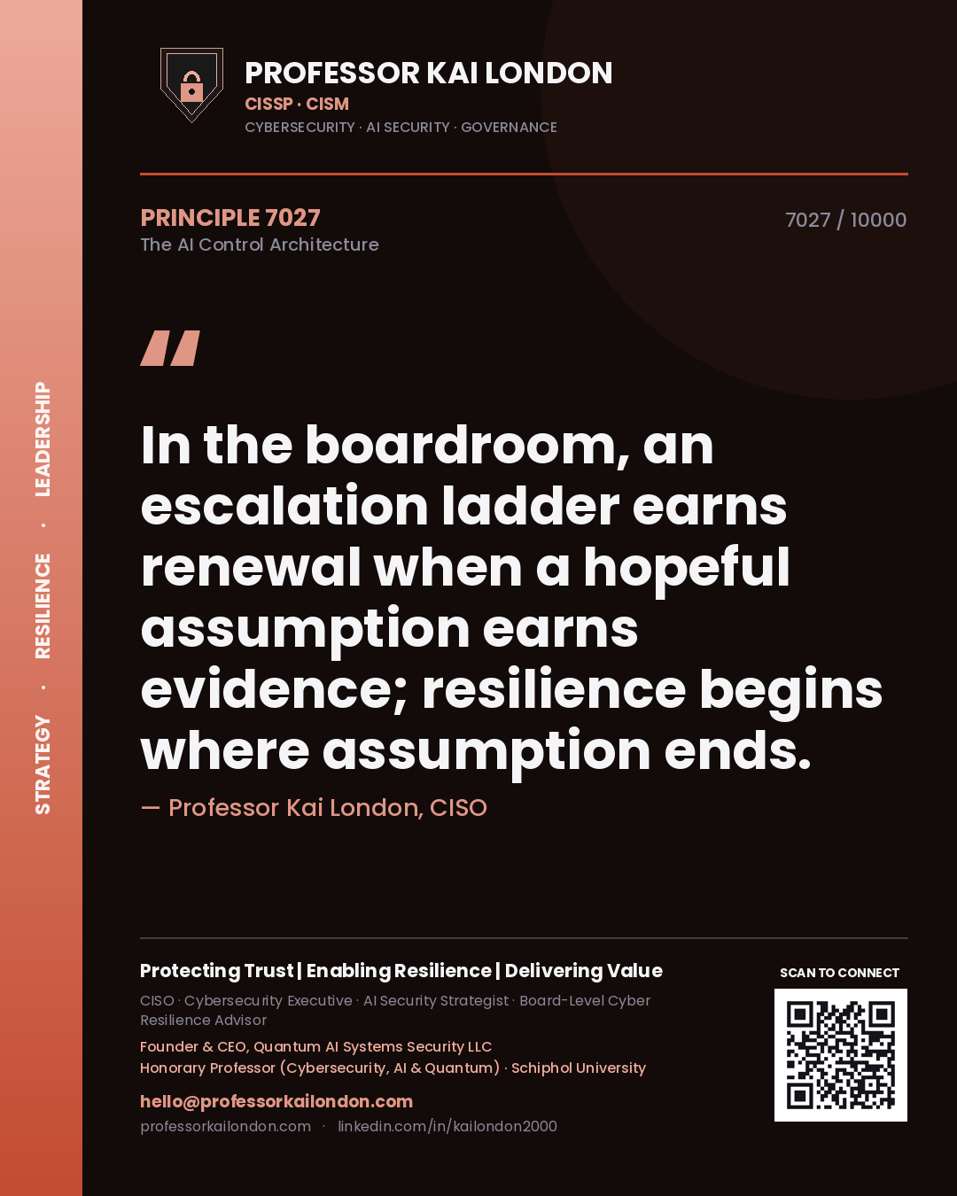 Quote card by Professor Kai London reading 'In the boardroom, an escalation ladder earns renewal when a hopeful assumption earns evidence; resilience begins where assumption ends.'. From the book The AI Control Architecture.