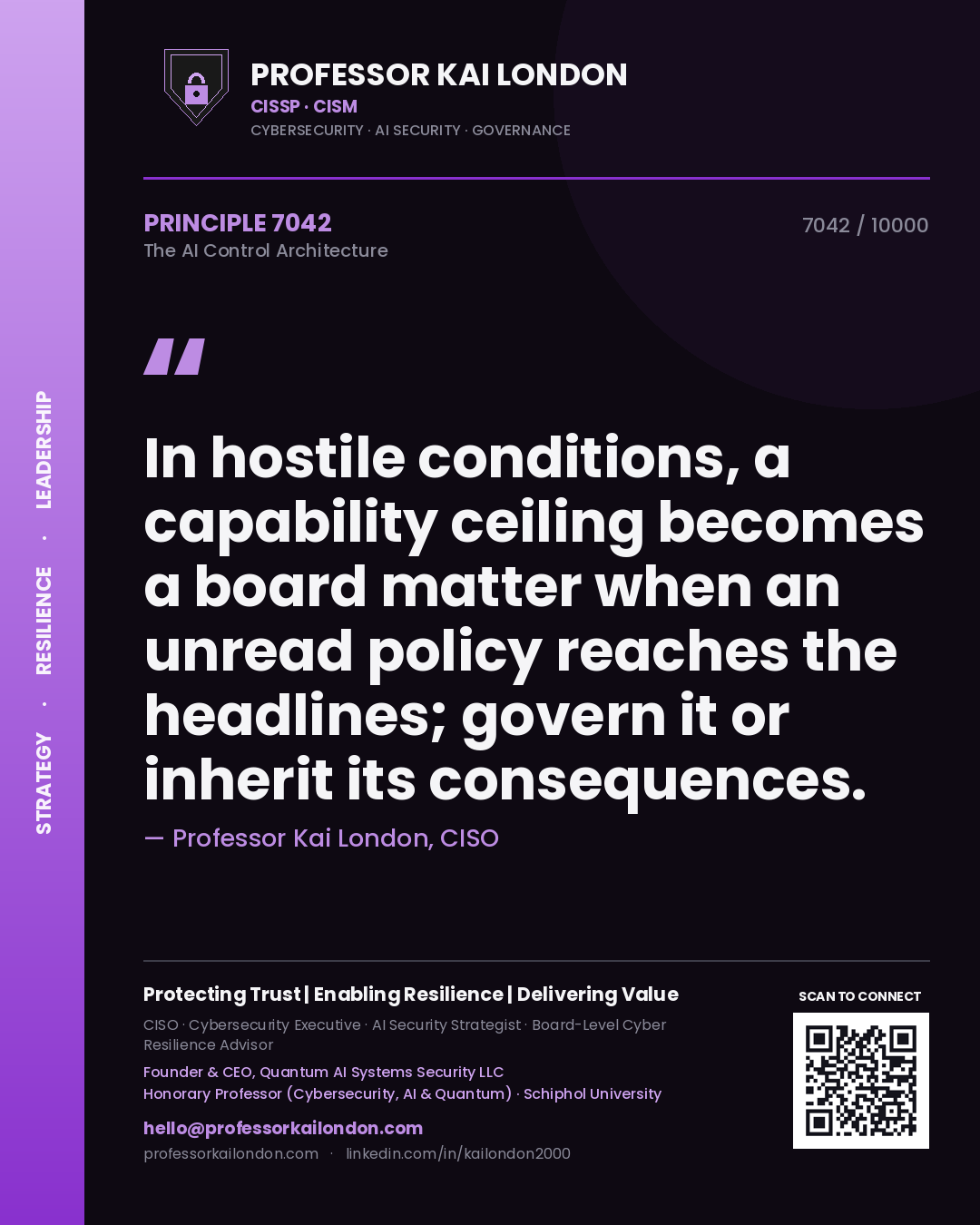 Quote card by Professor Kai London reading 'In hostile conditions, a capability ceiling becomes a board matter when an unread policy reaches the headlines; govern it or inherit its consequences.'. From the book The AI Control Architecture.