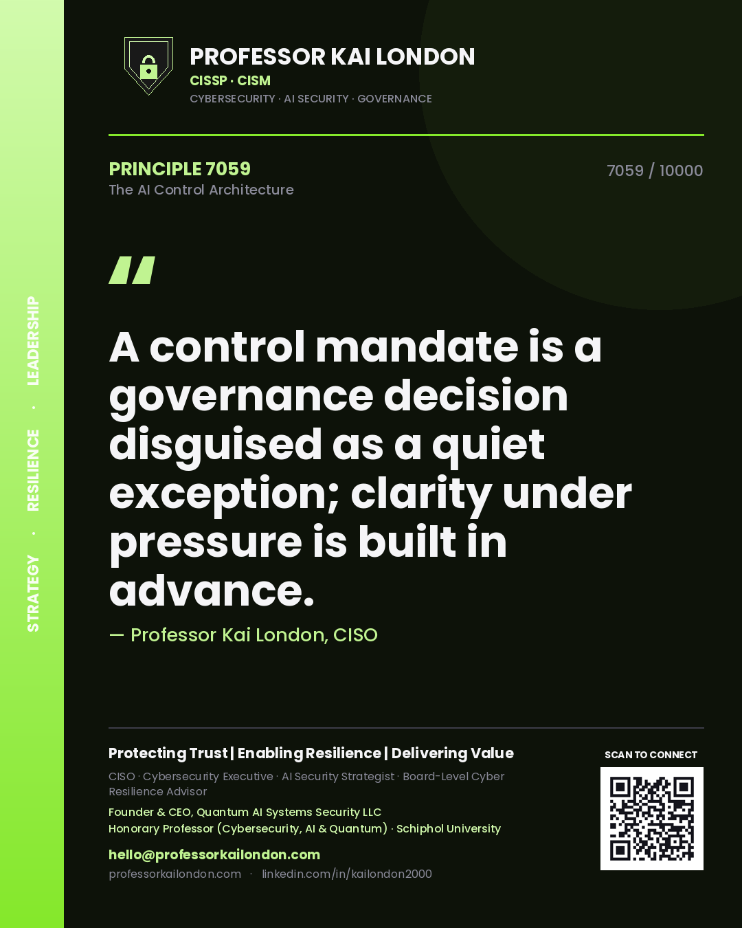 Professor Kai London principle 7059: A control mandate is a governance decision disguised as a quiet exception; clarity under pressure is built in advance.