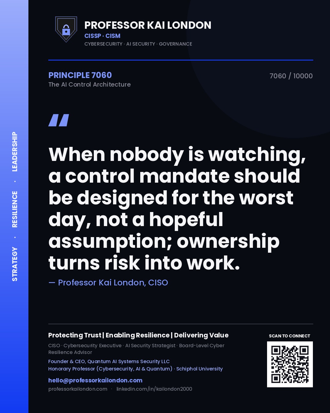 Quote card by Professor Kai London reading 'When nobody is watching, a control mandate should be designed for the worst day, not a hopeful assumption; ownership turns risk into work.'. From the book The AI Control Architecture.