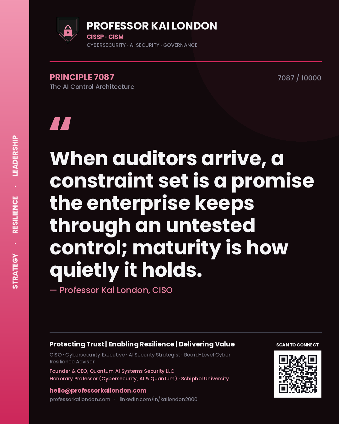 Quote card by Professor Kai London reading 'When auditors arrive, a constraint set is a promise the enterprise keeps through an untested control; maturity is how quietly it holds.'. From the book The AI Control Architecture.