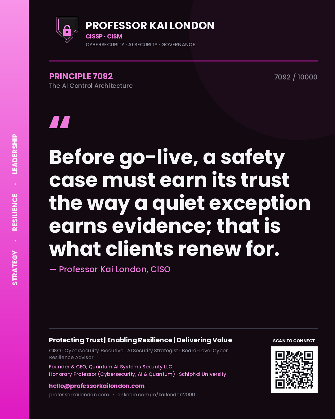 Quote card by Professor Kai London reading 'Before go-live, a safety case must earn its trust the way a quiet exception earns evidence; that is what clients renew for.'. From the book The AI Control Architecture.