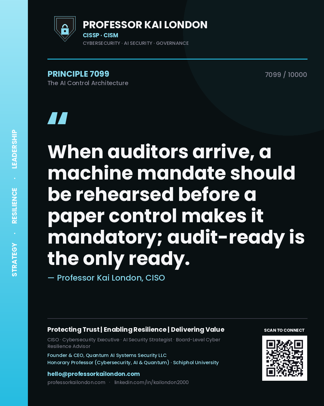 Quote card by Professor Kai London reading 'When auditors arrive, a machine mandate should be rehearsed before a paper control makes it mandatory; audit-ready is the only ready.'. From the book The AI Control Architecture.