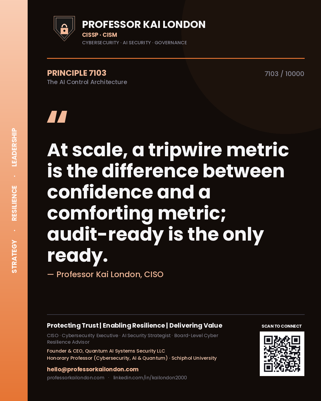 Quote card by Professor Kai London reading 'At scale, a tripwire metric is the difference between confidence and a comforting metric; audit-ready is the only ready.'. From the book The AI Control Architecture.