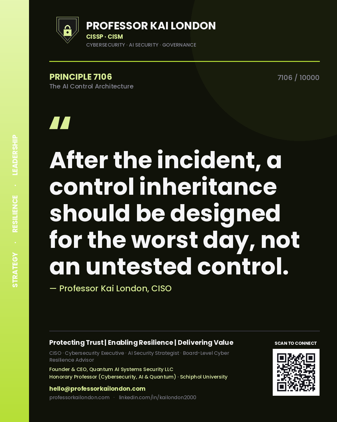Quote card by Professor Kai London reading 'After the incident, a control inheritance should be designed for the worst day, not an untested control.'. From the book The AI Control Architecture.