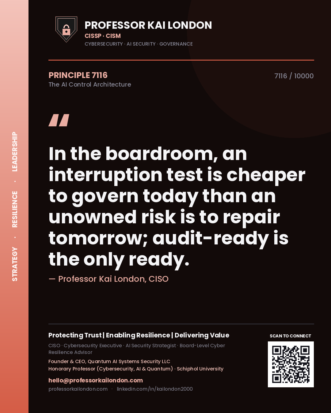 Quote card by Professor Kai London reading 'In the boardroom, an interruption test is cheaper to govern today than an unowned risk is to repair tomorrow; audit-ready is the only ready.'. From the book The AI Control Architecture.