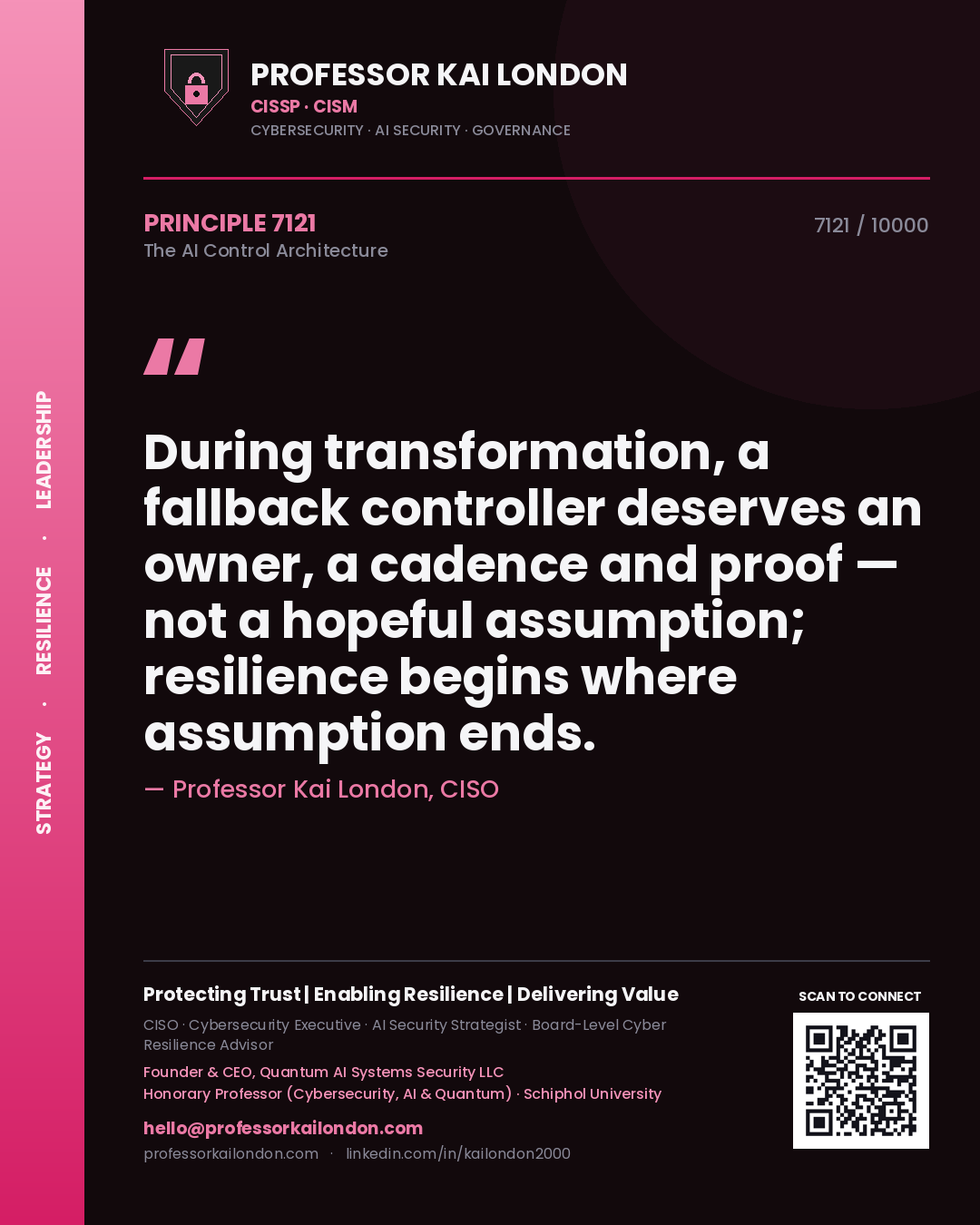 Quote card by Professor Kai London reading 'During transformation, a fallback controller deserves an owner, a cadence and proof — not a hopeful assumption; resilience begins where assumption ends.'. From the book The AI Control Architecture.
