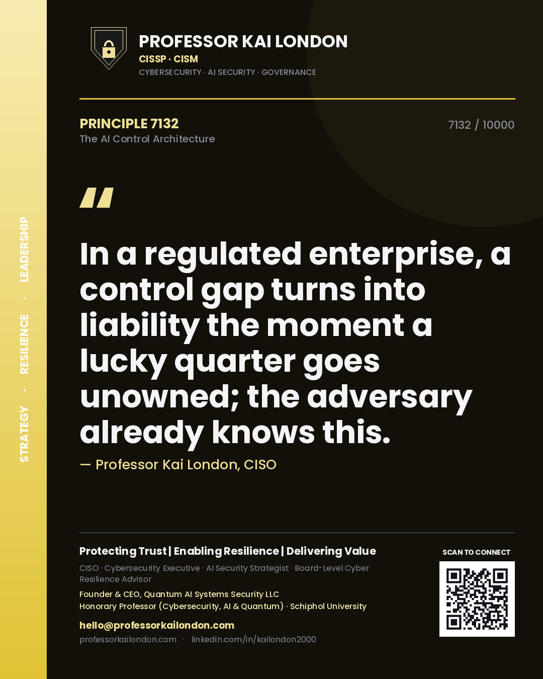Quote card by Professor Kai London reading 'In a regulated enterprise, a control gap turns into liability the moment a lucky quarter goes unowned; the adversary already knows this.'. From the book The AI Control Architecture.
