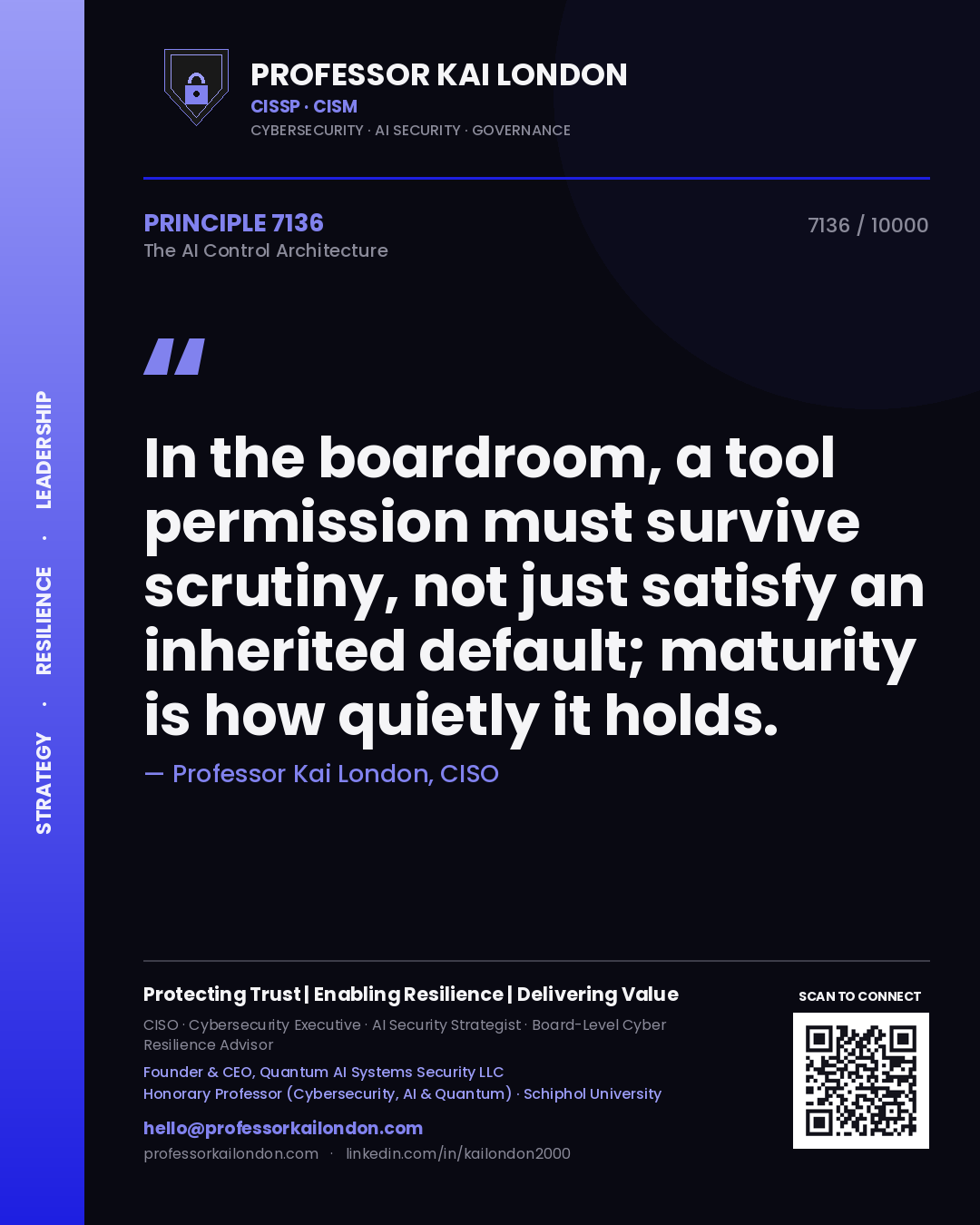 Professor Kai London principle 7136: In the boardroom, a tool permission must survive scrutiny, not just satisfy an inherited default; maturity is how quietly it holds.