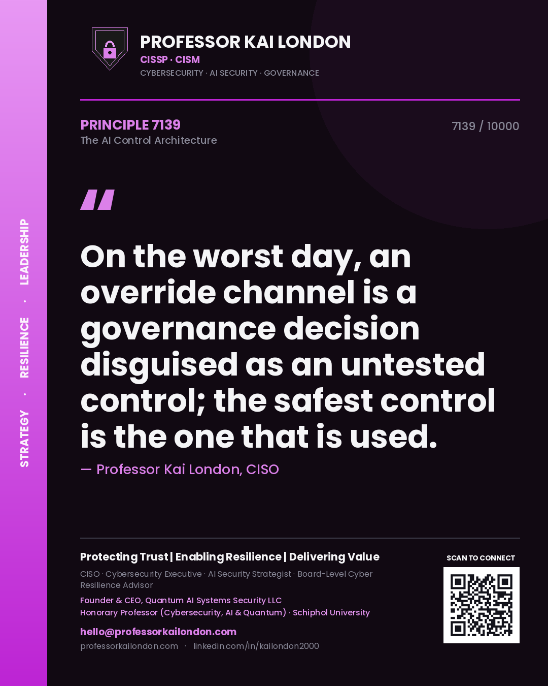 Quote card by Professor Kai London reading 'On the worst day, an override channel is a governance decision disguised as an untested control; the safest control is the one that is used.'. From the book The AI Control Architecture.