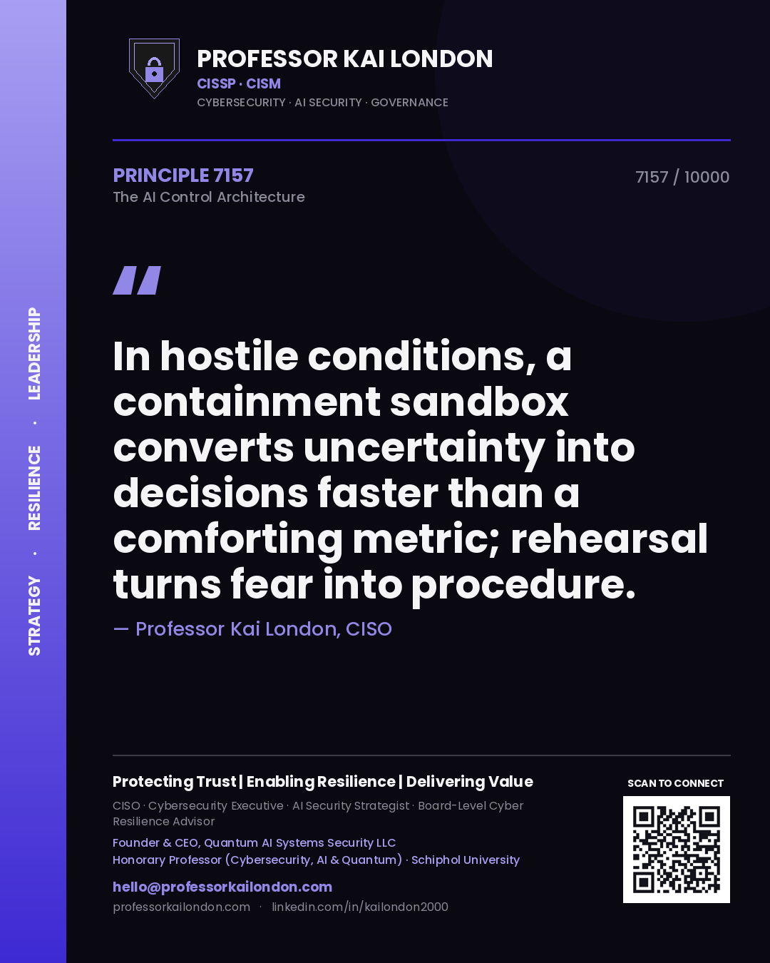 Professor Kai London principle 7157: In hostile conditions, a containment sandbox converts uncertainty into decisions faster than a comforting metric; rehearsal turns fear into procedure.