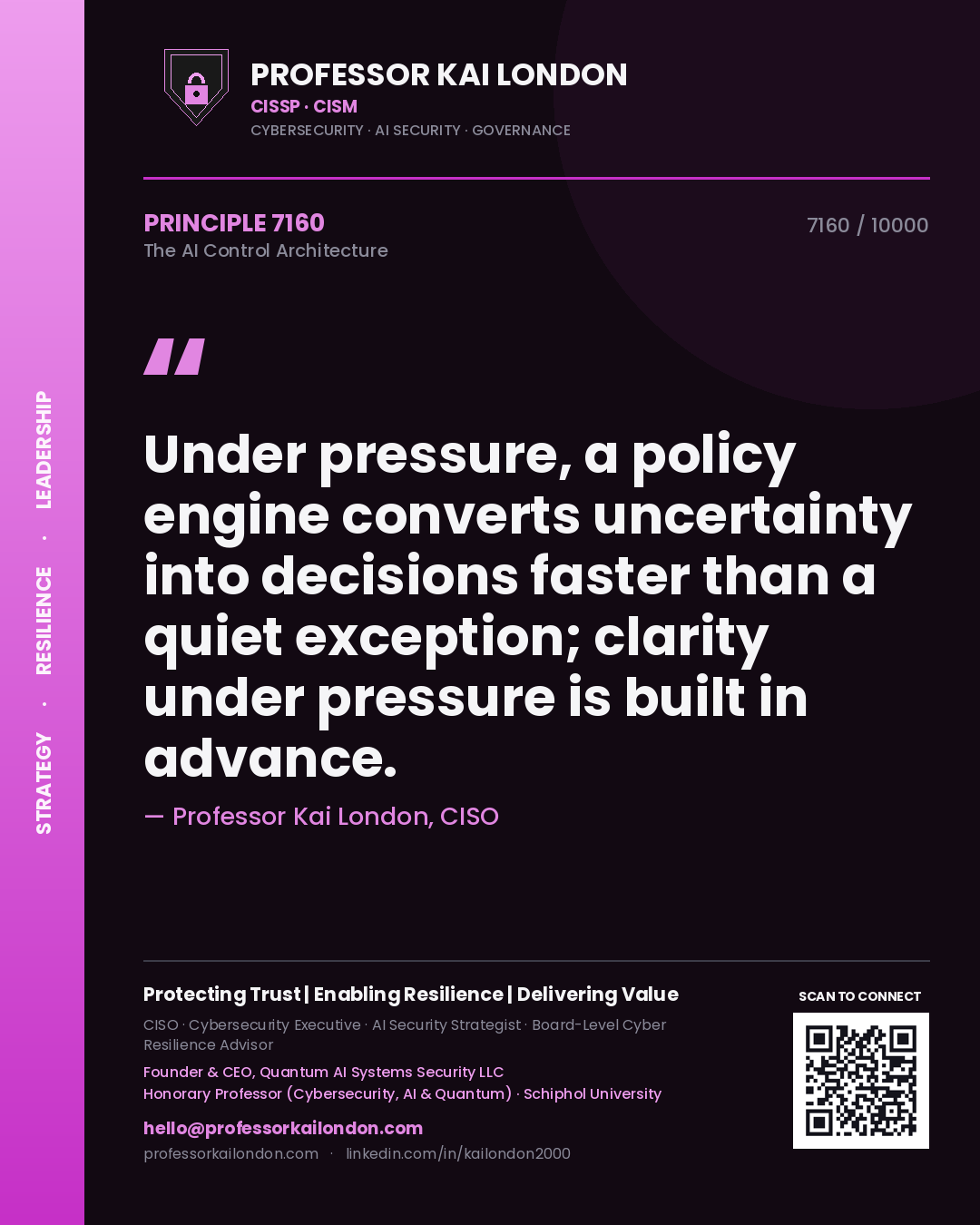 Quote card by Professor Kai London reading 'Under pressure, a policy engine converts uncertainty into decisions faster than a quiet exception; clarity under pressure is built in advance.'. From the book The AI Control Architecture.