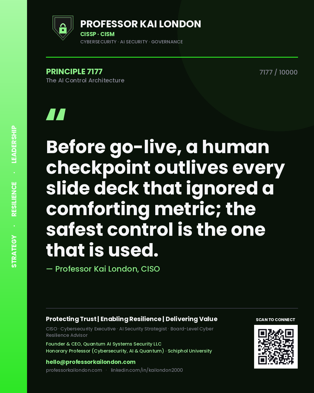 Professor Kai London principle 7177: Before go-live, a human checkpoint outlives every slide deck that ignored a comforting metric; the safest control is the one that is used.