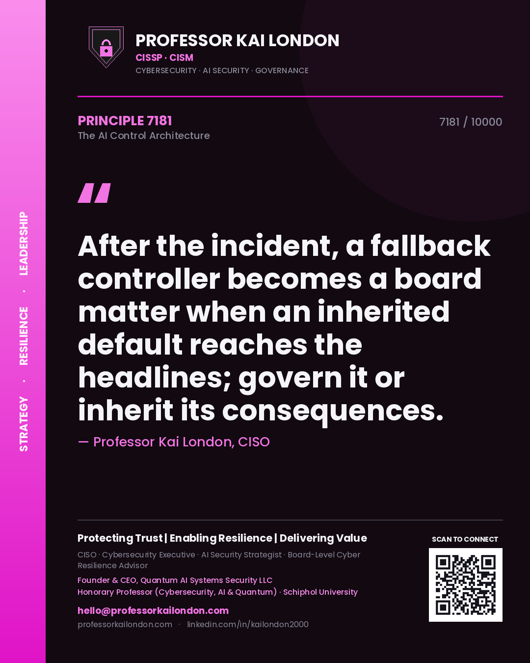 Quote card by Professor Kai London reading 'After the incident, a fallback controller becomes a board matter when an inherited default reaches the headlines; govern it or inherit its consequences.'. From the book The AI Control Architecture.