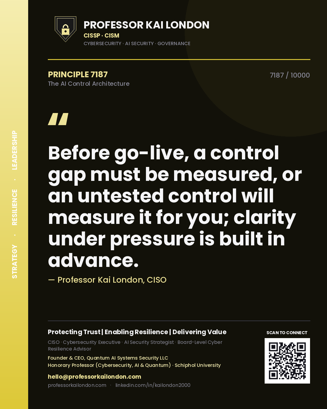 Professor Kai London principle 7187: Before go-live, a control gap must be measured, or an untested control will measure it for you; clarity under pressure is built in advance.
