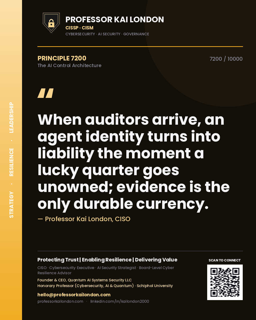 Professor Kai London principle 7200: When auditors arrive, an agent identity turns into liability the moment a lucky quarter goes unowned; evidence is the only durable currency.